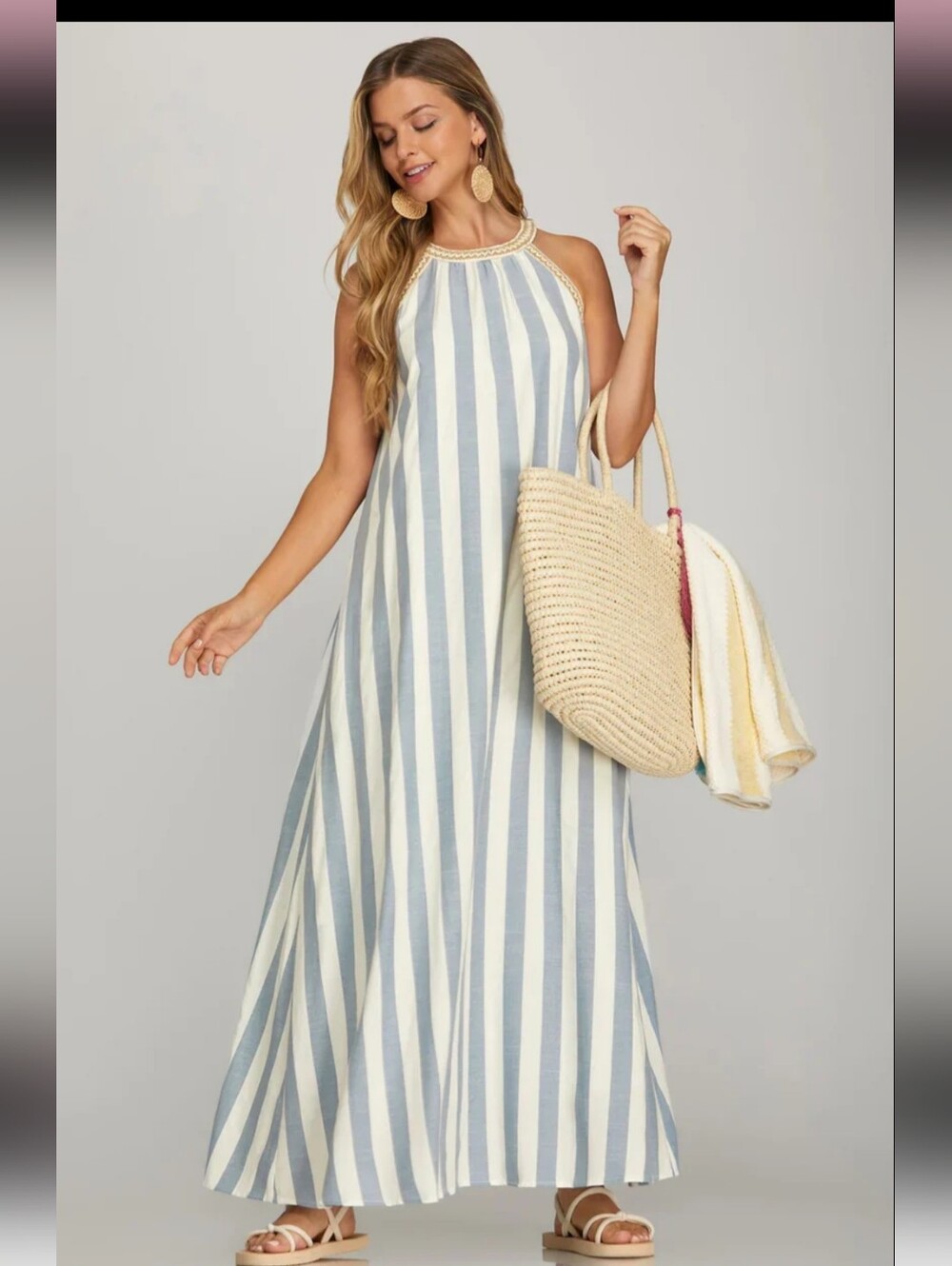 She + Sky Sleeveless Halter Blue and White Striped Maxi Dress